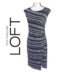 Ann Taylor LOFT Petite Black Gray Abstract Striped Ruched Side Chic Dress